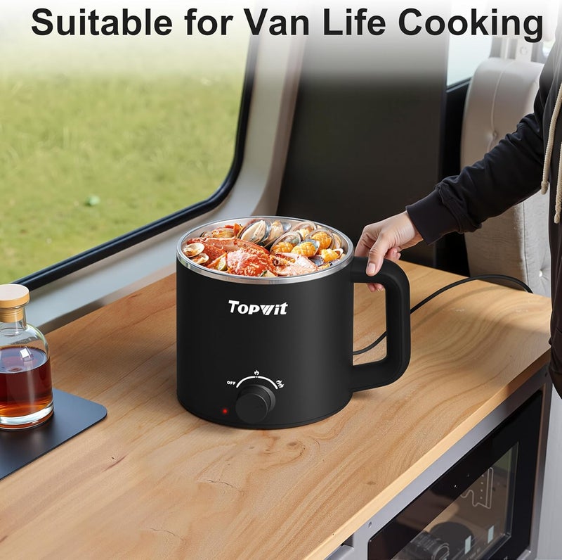 TopWit Hot Pot Electric, Electric Pot, 1.6L Ramen Cooker, Multifunctional Cooker for Pasta, Shabu-Shabu, Oatmeal, Soup and Egg with Over-Heating Protection, Boil Dry Protection, Black - Image 4